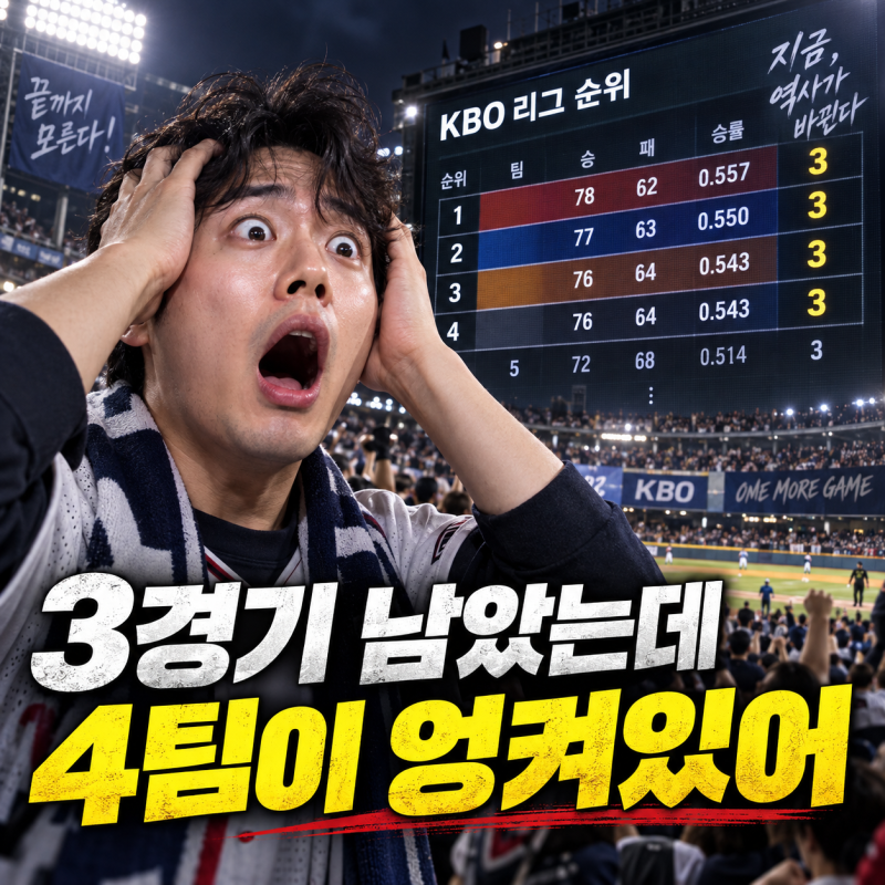 "3경기 남았는데 4팀이 엉켜있어"..막판 순위표 보고 입 벌린 야구팬들
