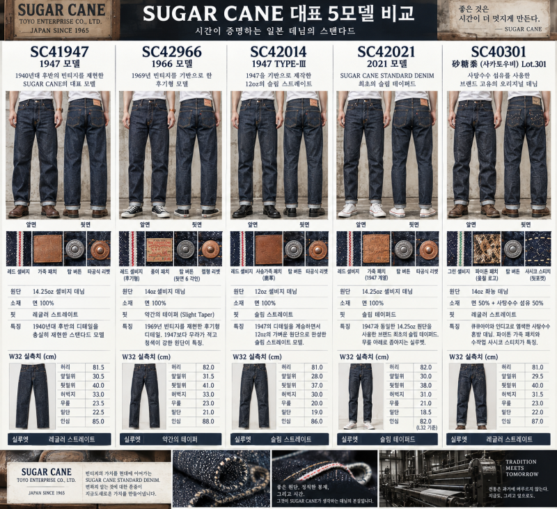 슈가케인 청바지 대표 5모델 비교 / SC41947 / SC42966 / SC42014 / SC42021 / SC40301