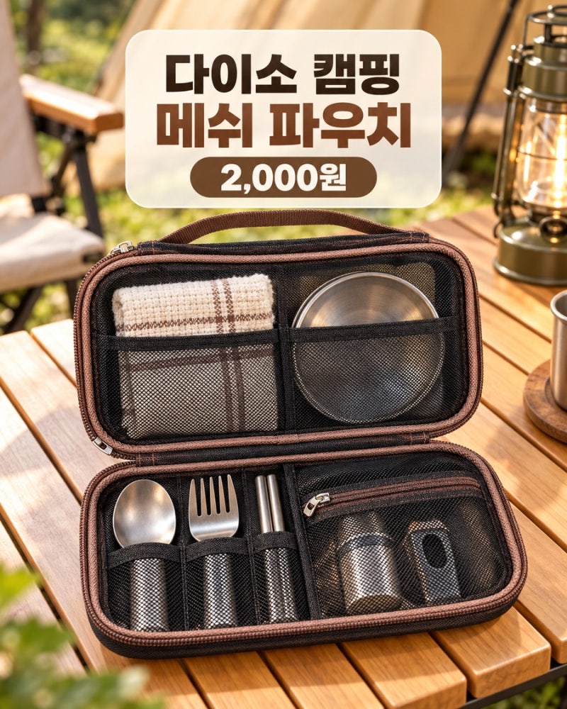 다이소 캠핑 메쉬 파우치 2,000원, 식기·조미료 정리와 건조까지