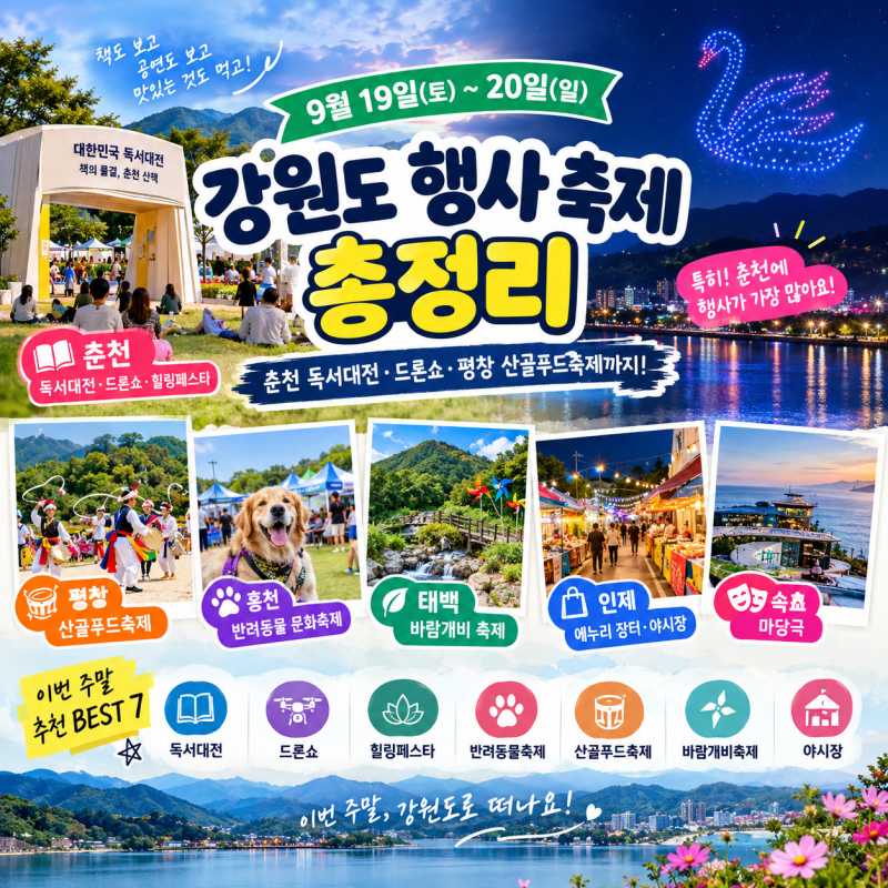 9월 19~20일 강원도 행사 축제 총정리｜춘천 독서대전·드론쇼·평창 산골푸드축제까지