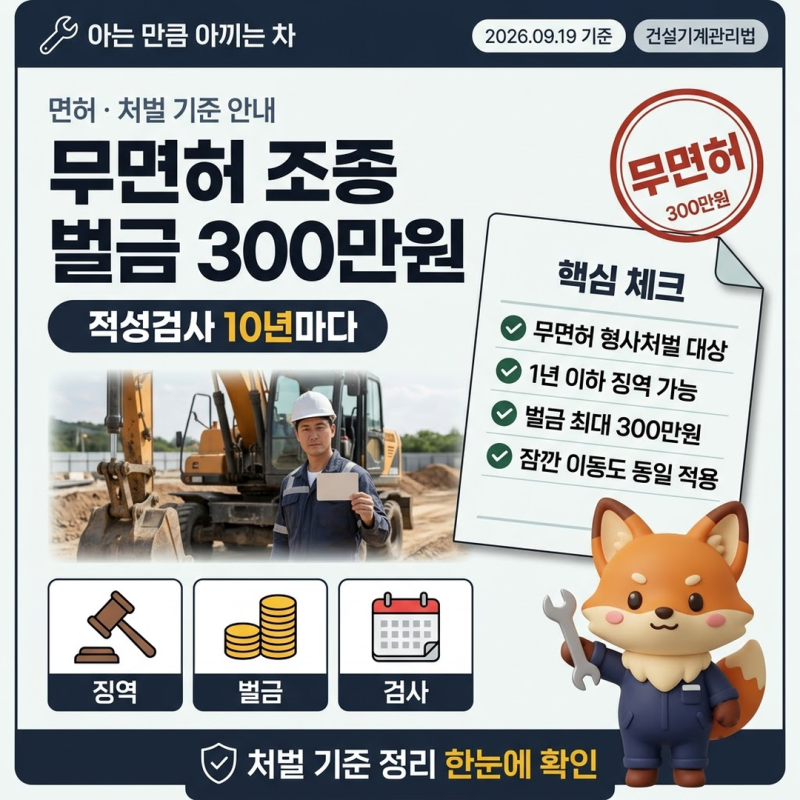건설기계조종사면허증 무면허 벌금 300만원, 적성검사는 10년마다