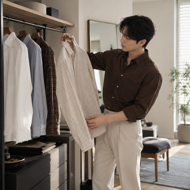흰 무지, 스트라이프, 체크 중 오늘 분위기에 맞는 남자셔츠코디는?