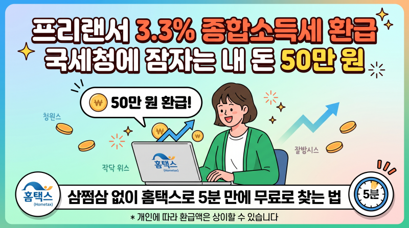 프리랜서 3.3% 종합소득세 환급, 국세청에 잠자는 내 돈 50만 원 삼쩜삼 없이 홈택스로 5분 만....