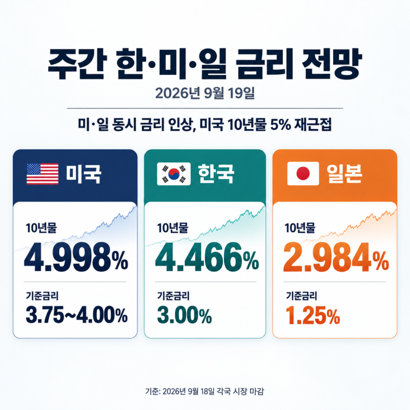 미·일 동시 금리 인상…미국 10년물 5% 재근접 | 주간 한·미·일 금리 전망 (2026년 9월 19일)