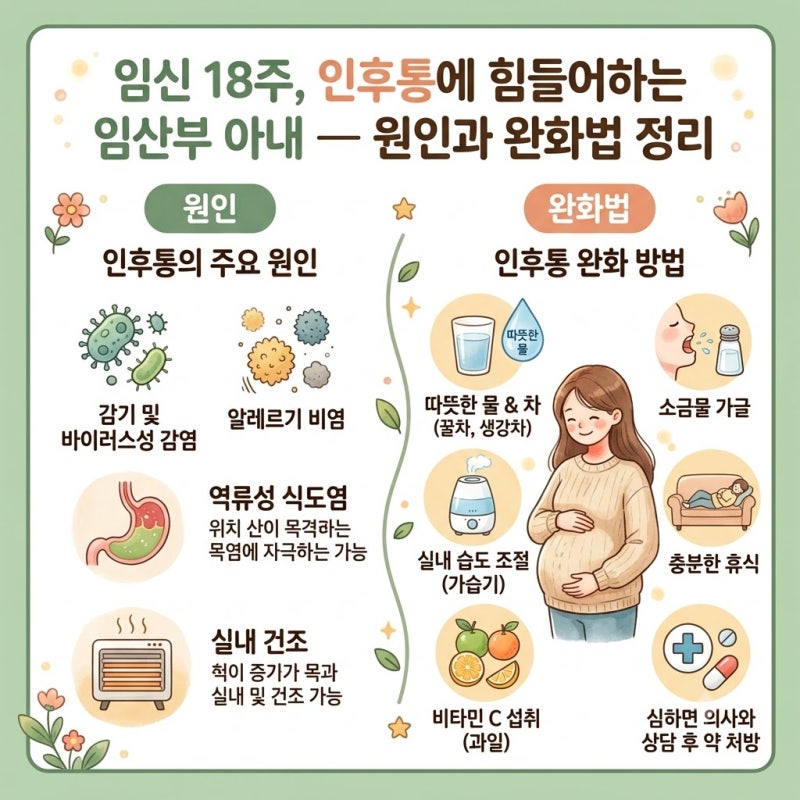 임신 18주, 인후통에 힘들어하는 임산부 아내 — 원인과 완화법 정리