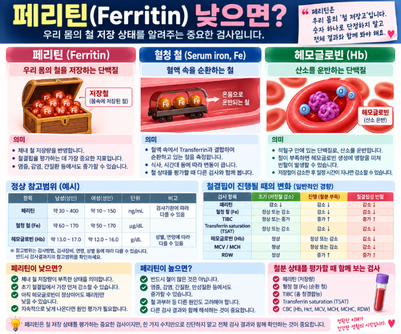 페리틴(Ferritin) 낮으면? 정상수치와 철분·헤모글로빈 차이까지 정리