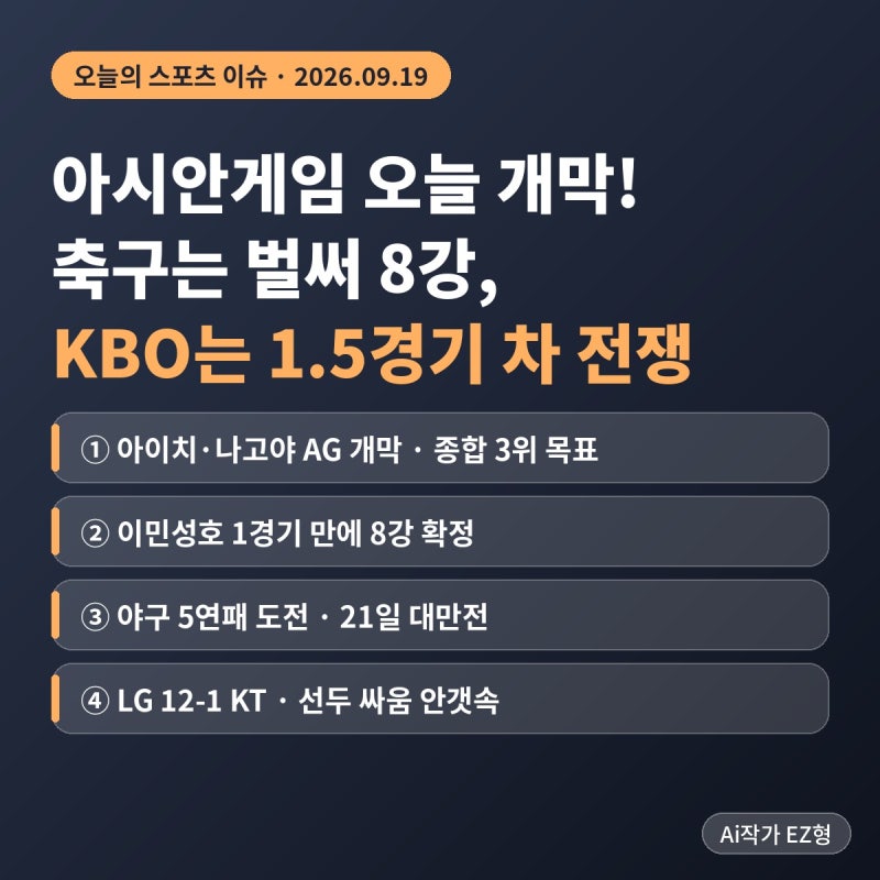 [스포츠] 아시안게임 오늘 개막! 축구는 벌써 8강, KBO는 1.5경기 차 전쟁 (9월 19일 스포츠 이슈 ....