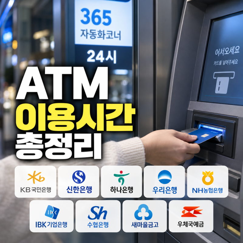 ATM 이용시간 점검시간 총정리: 국민, 신한, 하나, 우리, 농협, 기업, 수협, 새마을, 우체국