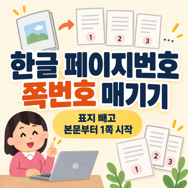 한글 페이지 번호 쪽번호 매기기, 표지 빼고 본문부터 1쪽 시작하기