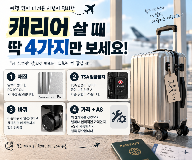 캐리어 고르는 법, 딱 4가지만 보세요｜여행 많이 다녀보니 결국 재질·TSA·바퀴·AS입니다