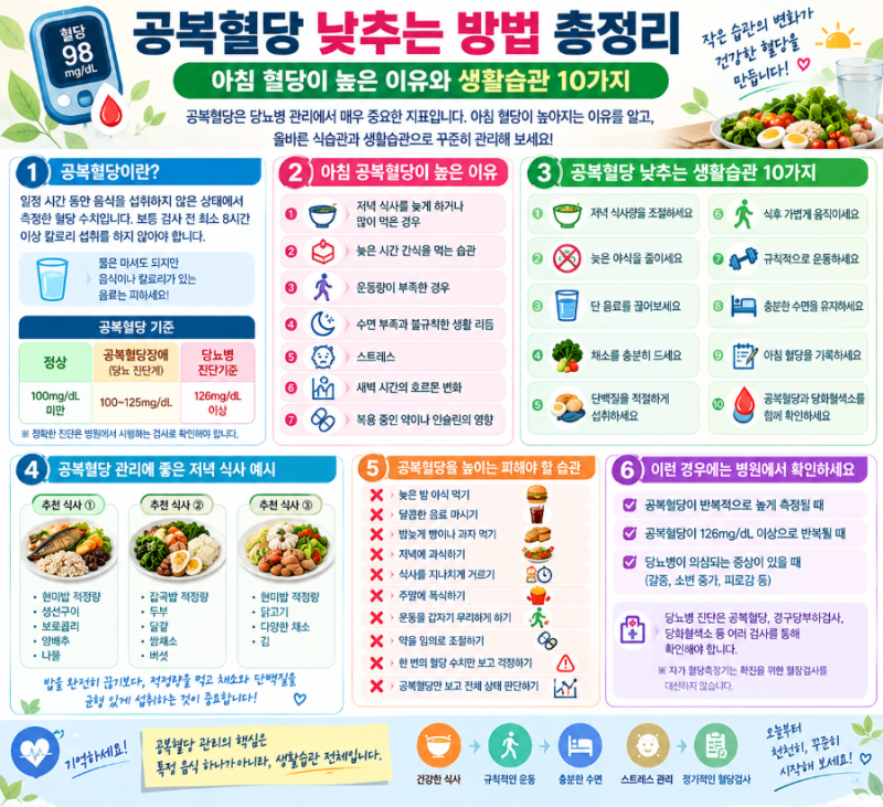 공복혈당 낮추는 방법 총정리｜아침 혈당이 높은 이유와 생활습관 10가지