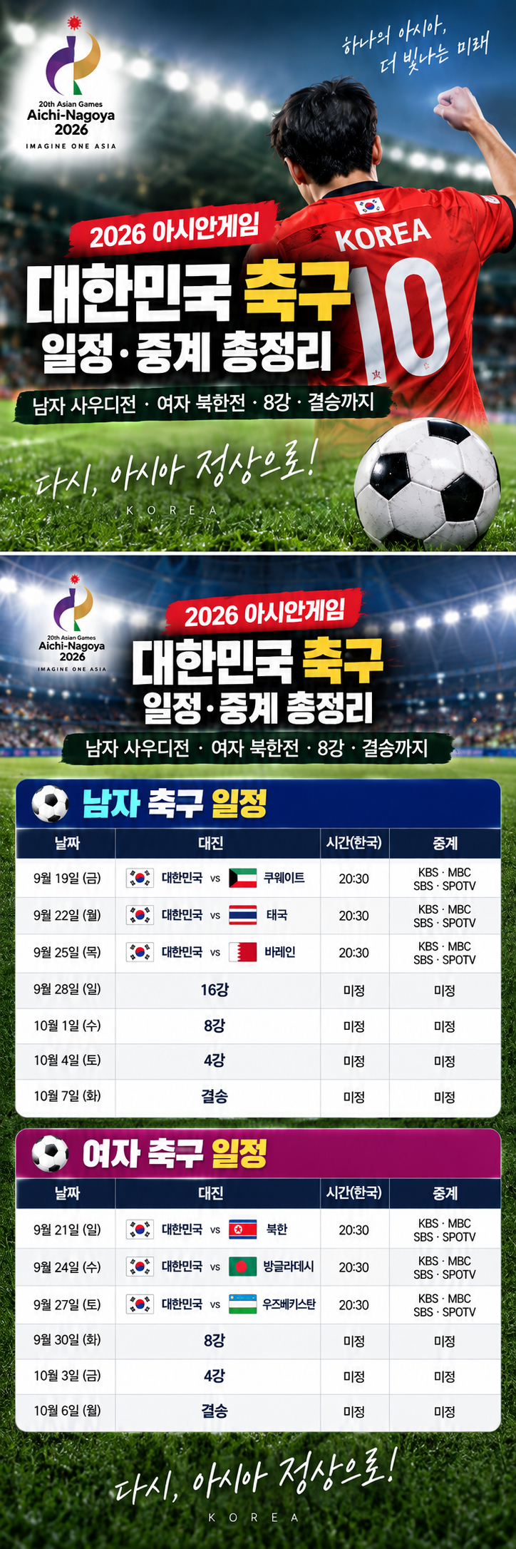 2026 아시안게임 축구 일정·중계｜남자 사우디전·여자 북한전·8강·결승 총정리