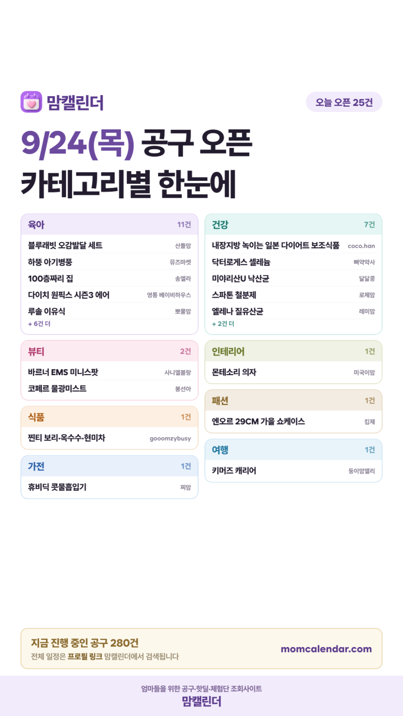 9월 24일(목) 오늘의 공구 일정 | 휴비딕·내장지방·닥터로게스·미야리산U·스파톤·엘레나 공....