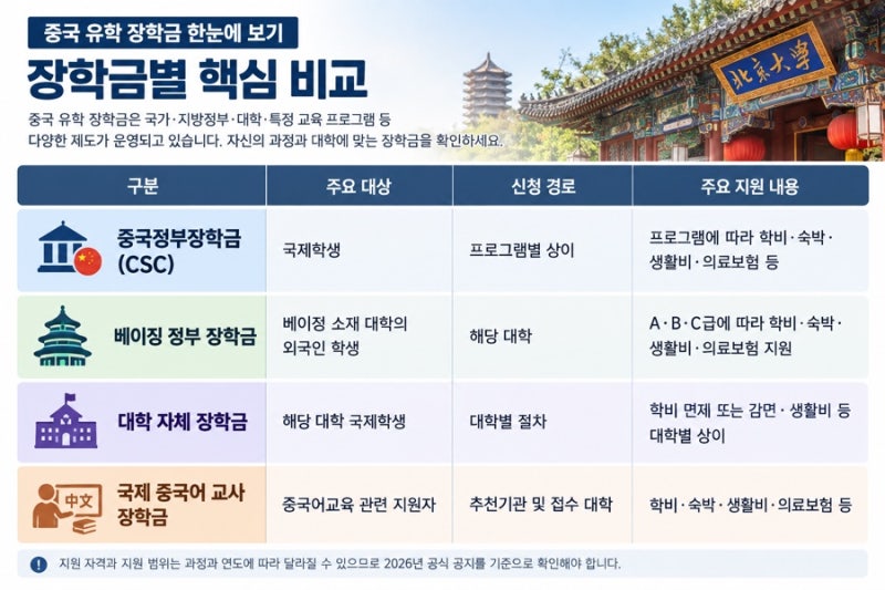 2026 중국 유학 장학금 총정리, 중국정부·베이징·대학 장학금 비교