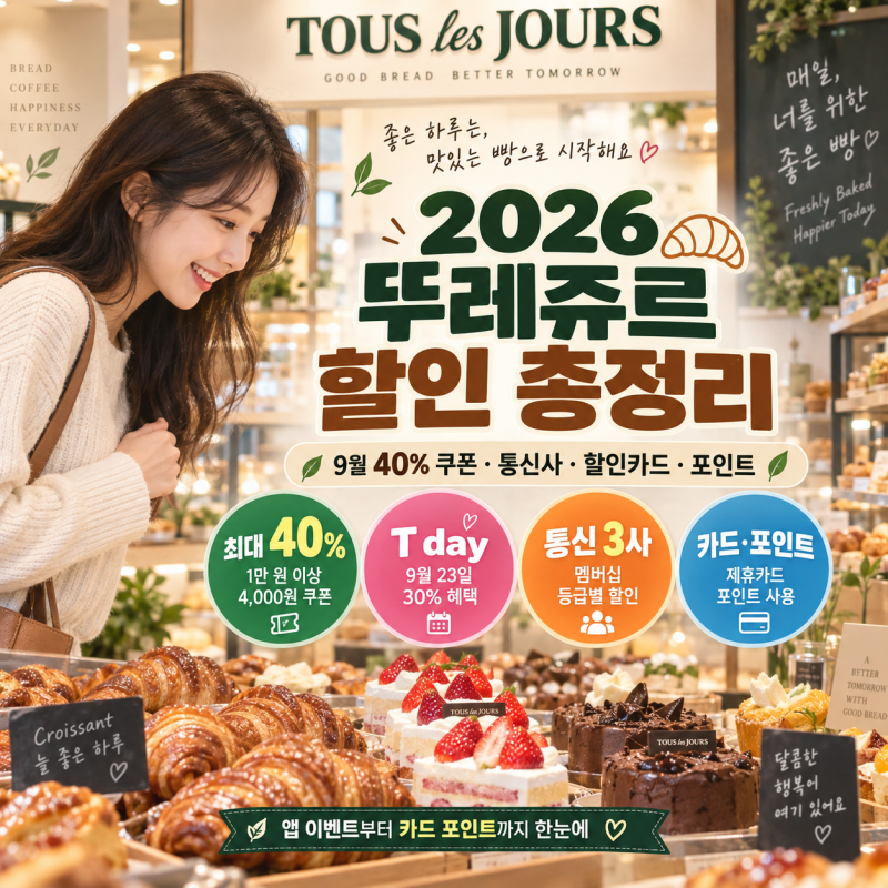 2026 뚜레쥬르 할인 총정리｜9월 40% 쿠폰·통신사·할인카드·포인트까지