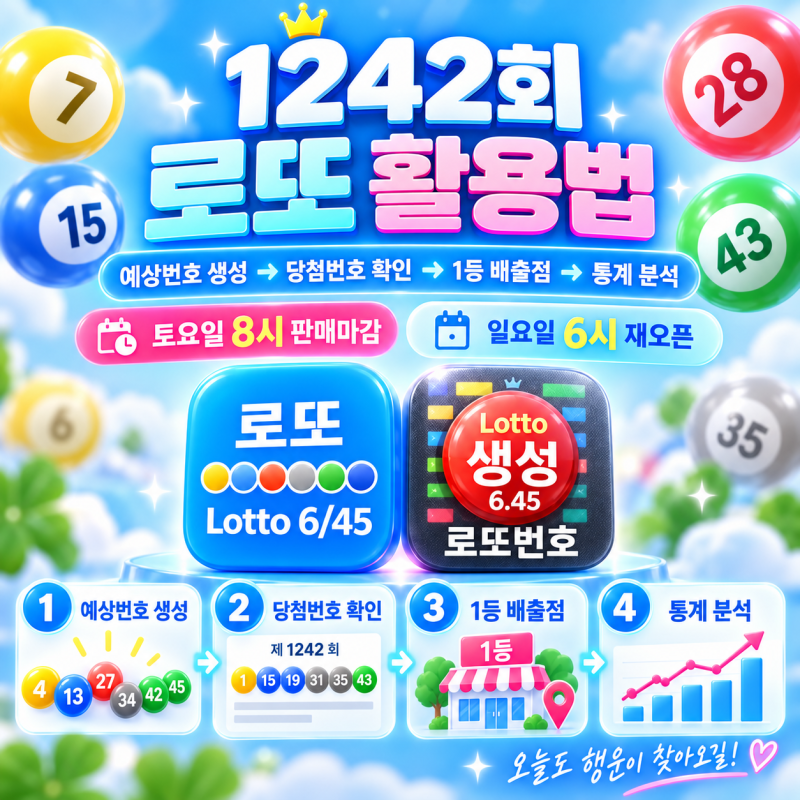 1242회 로또 당첨번호 발표! 예상번호 생성부터 1등 배출점 확인, 1243회 로또 예상번호 분석까....