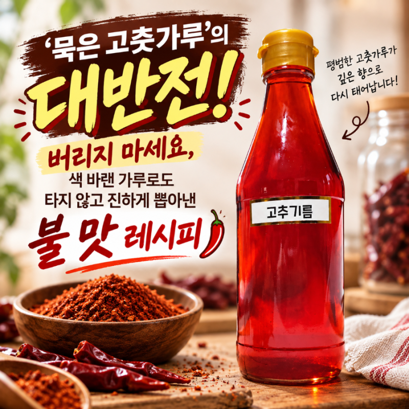고추기름 : '묵은 고춧가루'의 대반전! 버리지 마세요, 색 바랜 가루로 타지 않고 진하게 뽑....