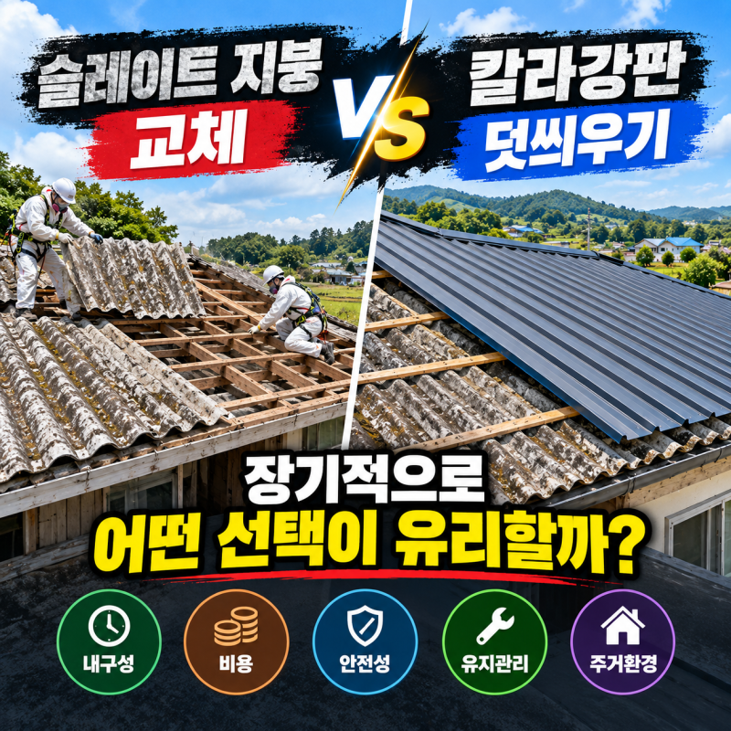 슬레이트 지붕 교체 vs 칼라강판 덧씌우기: 장기적으로 어떤 선택이 유리할까?