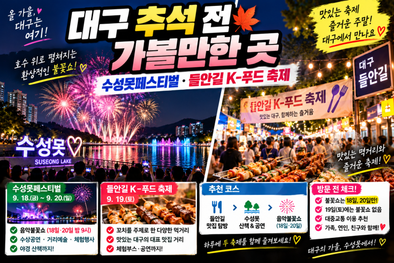 대구 추석 전 가볼만한 곳｜수성못페스티벌·들안길 K-푸드 축제 하루에 즐기는 법