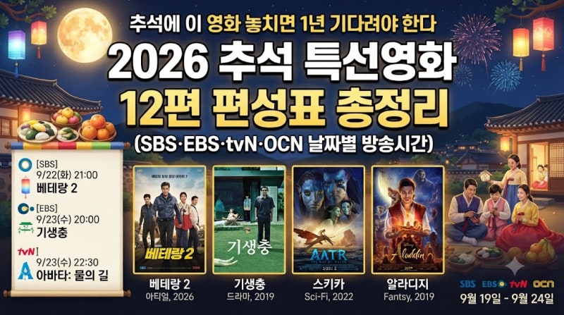 "2026 추석 특선영화 (12편) 편성표" 완벽 총정리 - '왕과 사는 남자'부터 '어쩔수가없다 확장판'....