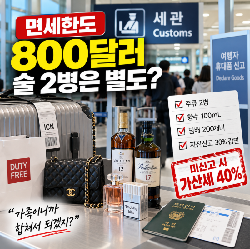 면세한도 800달러, 술 2병 별도 기준과 미신고 가산세 40%