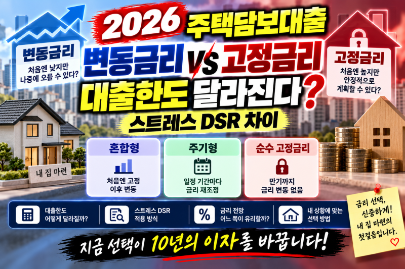2026 주택담보대출 변동금리 vs 고정금리｜스트레스 DSR 차이와 대출한도 총정리