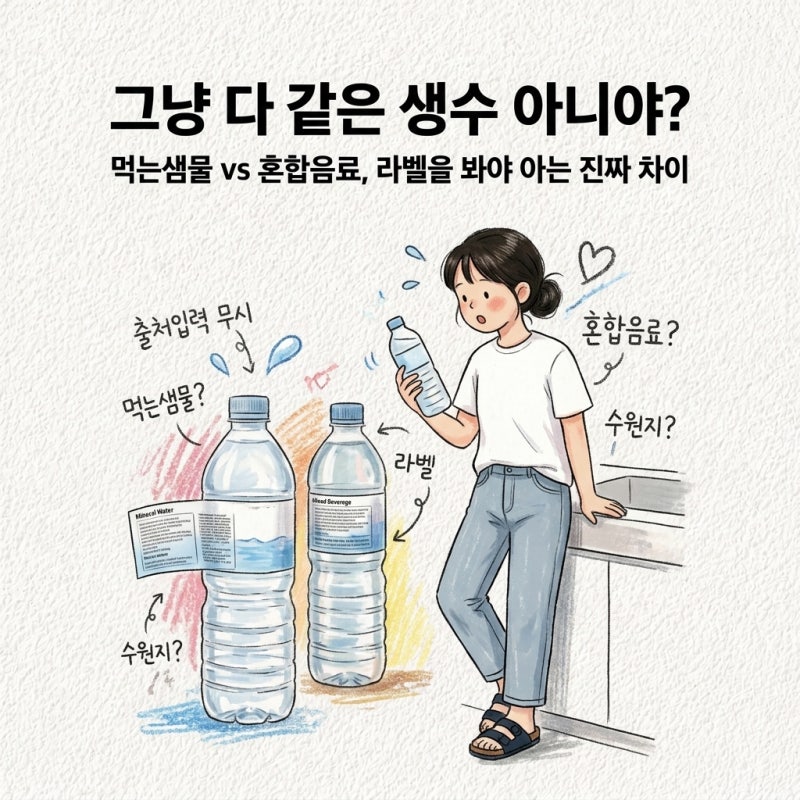 안전한 생수 무라벨이라 다 같은 줄 앎 생수 먹는샘물 차이 혼합음료 라벨 보는법 수원지 확....
