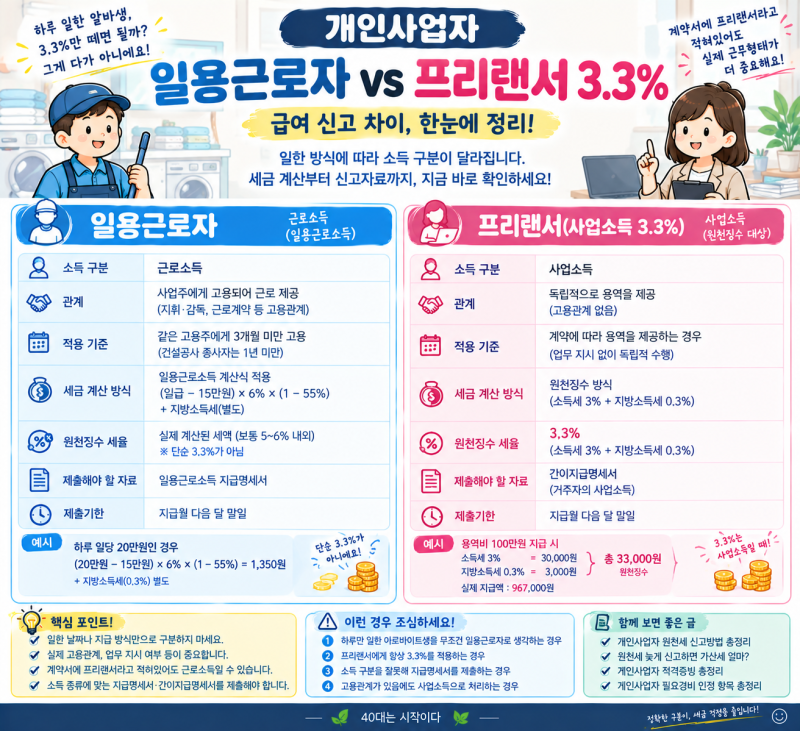 일용근로자 vs 프리랜서 3.3%｜개인사업자 급여 신고 차이 총정리!
