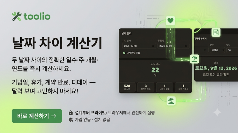 날짜 차이 계산기 | 두 날짜 사이 며칠인지 바로 계산 (기념일·휴가 일수)