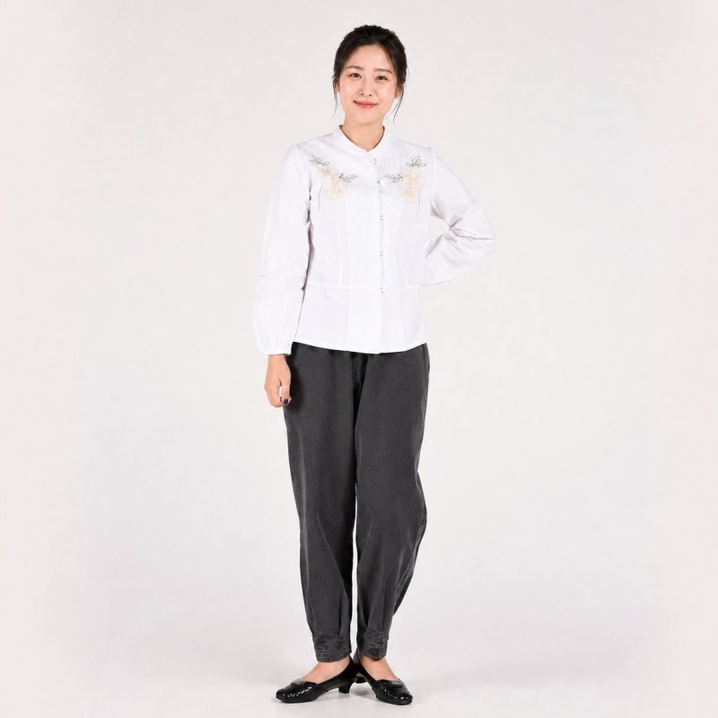 리예생활한복 여자 봄가을 20수 자수 저고리 바지 개량한복 세트