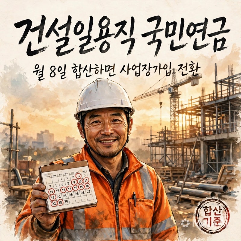 건설일용직 국민연금 지역가입, 월 8일 합산하면 사업장 전환