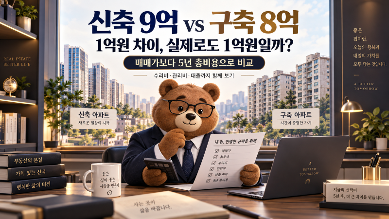 신축 vs 구축 아파트 1억원 차이라면｜수리비·관리비·대출까지 5년 총비용 계산