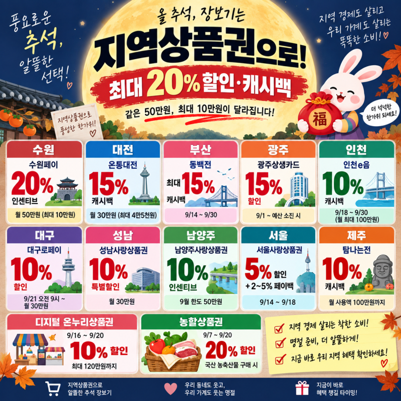 추석 장보기 아직 카드로 하세요? 지역상품권 최대 20% 할인·캐시백 총정리