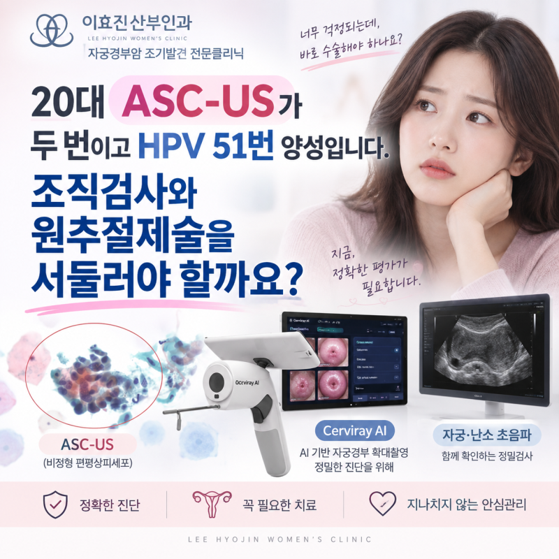 20대초반 비정형상피세포 아스커스(ASC-US)가 두 번이나 나왔고 HPV 51번 양성입니다. 조직검사....