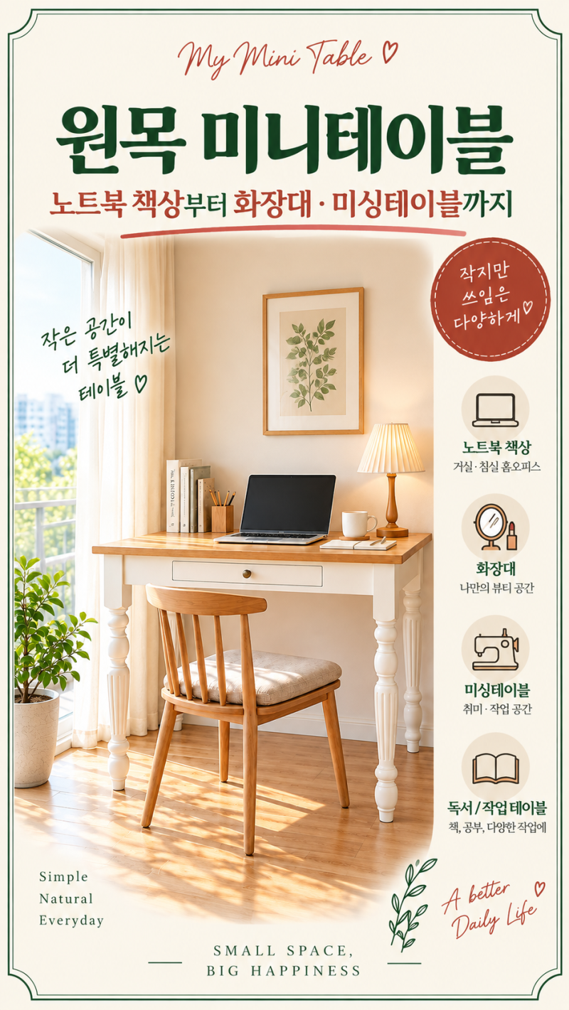 원목 미니테이블, 노트북 책상부터 화장대·미싱테이블까지
