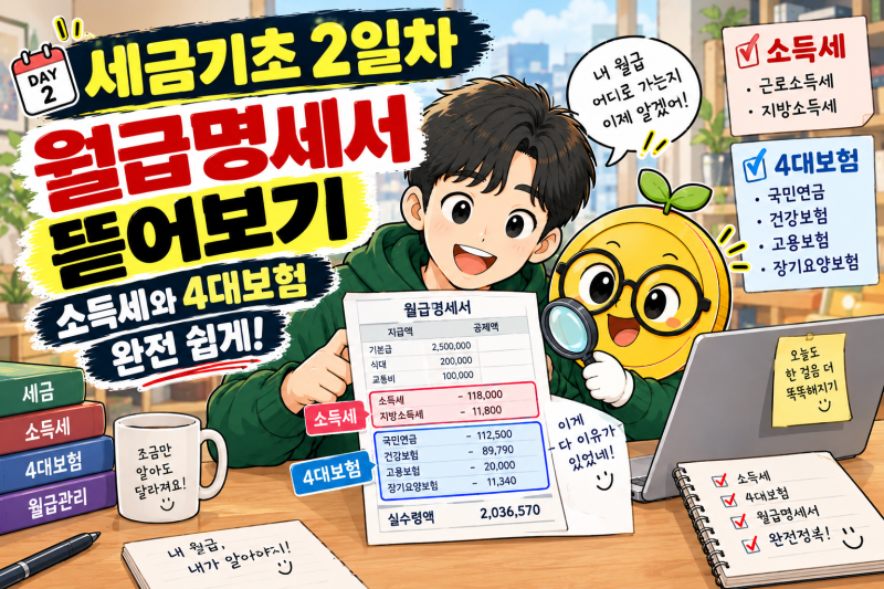 [세금기초 2일차] 월급명세서 뜯어보기 — 소득세와 4대보험 완전 쉽게