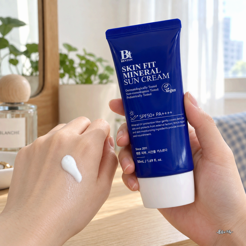 벤튼 스킨핏 미네랄 선크림 50mL 무기자차 톤업, 부드럽게 발리고 백탁은 자연스럽게 정리되....