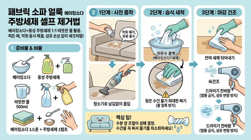 패브릭 소파 얼룩 베이킹소다 주방세제 셀프 제거법