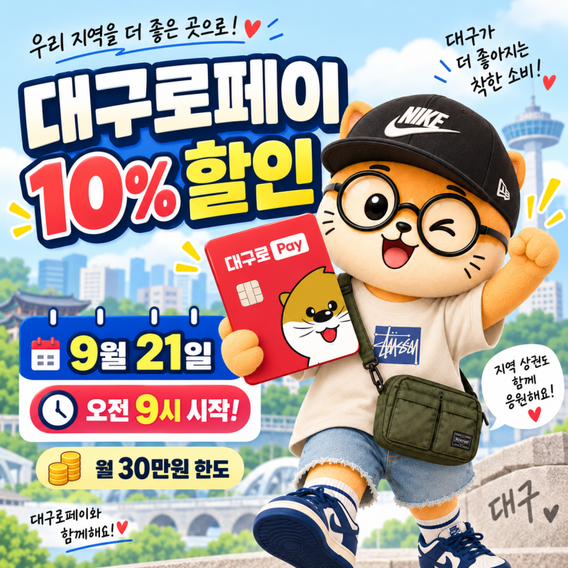 대구로페이 10% 할인 충전 다시 시작! 9월 21일 오전 9시, 30만원 충전하면 3만원 절약