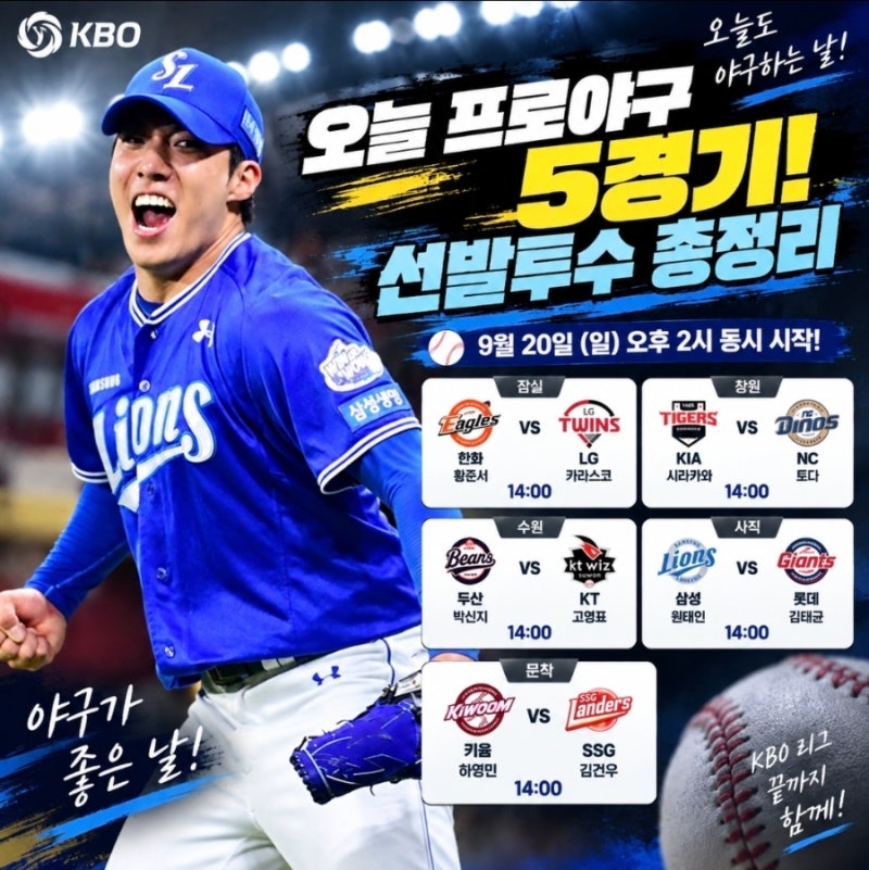오늘 프로야구 경기 일정, 5경기 모두 오후 2시…선발투수 총정리