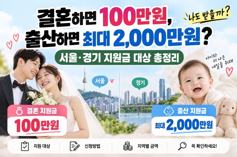 결혼하면 100만원, 출산하면 최대 2,000만원?｜서울·경기 지원금 대상 총정리