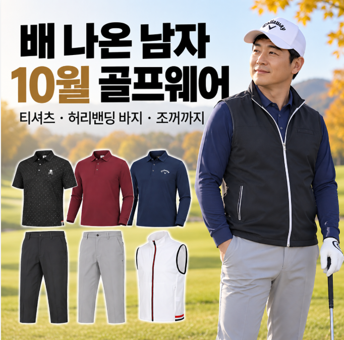 배 나온 남자 체형 10월 골프웨어 추천, 가을 라운딩 티셔츠부터 허리밴딩 바지·조끼까지