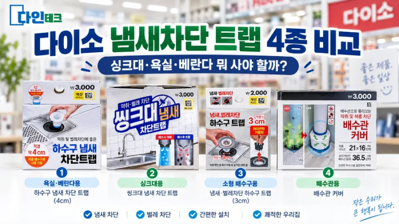 다이소 하수구 냄새차단 트랩 4종 비교｜싱크대·욕실 배수구에 뭐 사야 할까
