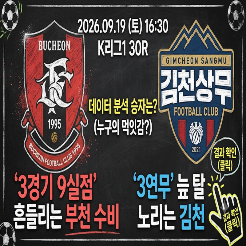 [K리그1] 부천 vs 김천 (2026.09.19) '3경기 9실점' 흔들리는 부천 수비, 3연무 늪 탈출 노리는 김천....