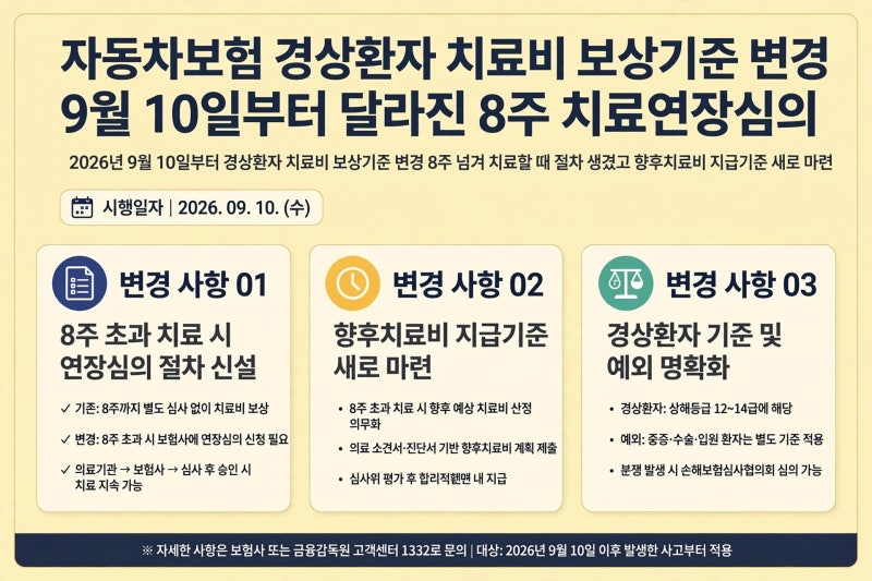 자동차보험 경상환자 치료비 8주 넘으면? 9월 10일부터 달라진 치료연장심의·향후치료비 지....