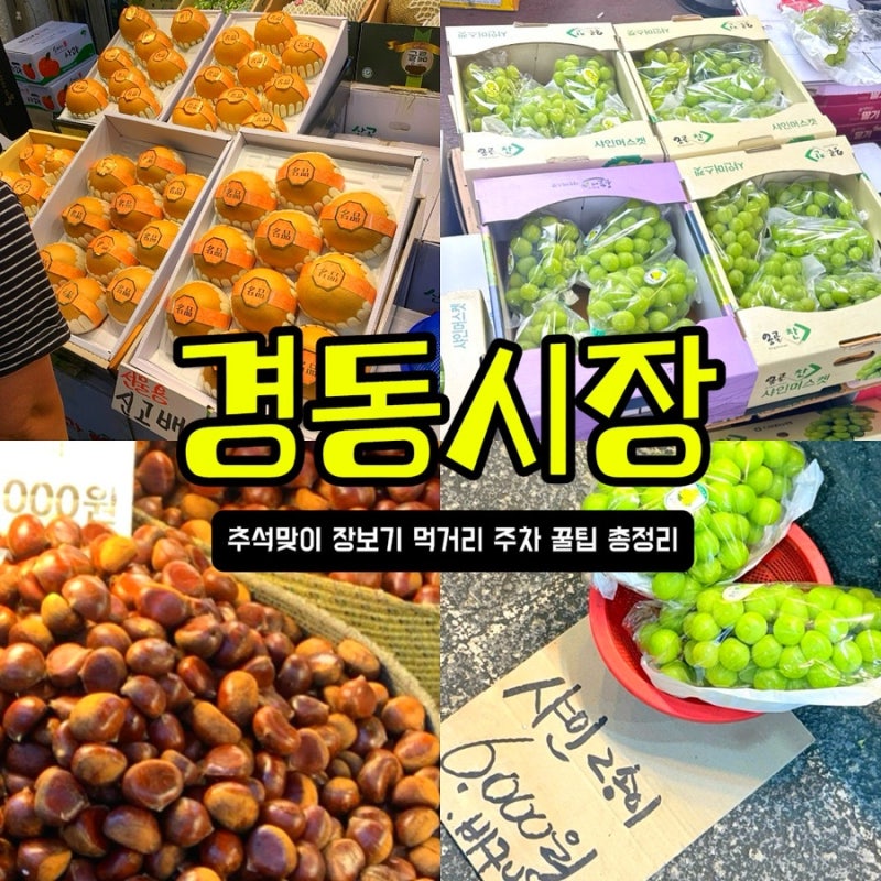 경동시장 추석 장보기 먹거리 샤인머스켓 5천원 공주알밤 술빵 황해도순대 주차정보 온누리....