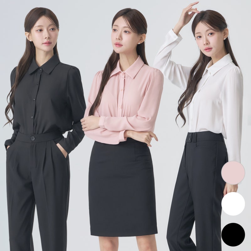 쉬폰블라우스 긴팔 기본 화이트 블라우스 핑크 흰 검정 여성 정장 셔츠 [퍼프], 직접 입어보....