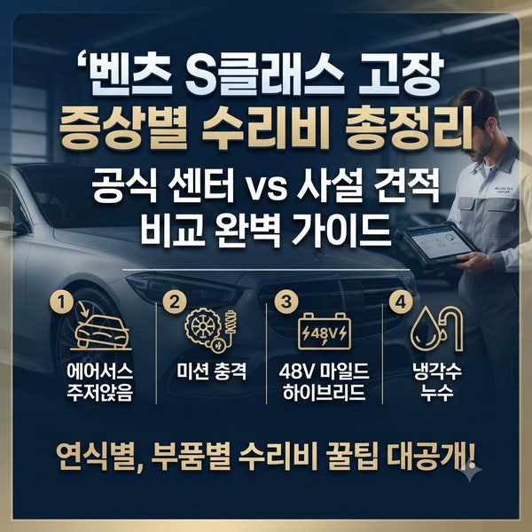 벤츠 S클래스 고장 증상별 수리비 총정리: 에어서스 주저앉음·미션 충격·48V 배터리·냉각수 ....