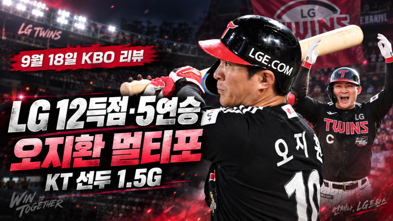 LG 12득점·5연승, 선두 KT 완파…삼성 1.5G 추격·한동희 첫 20홈런 [9월 18일 KBO 리뷰]