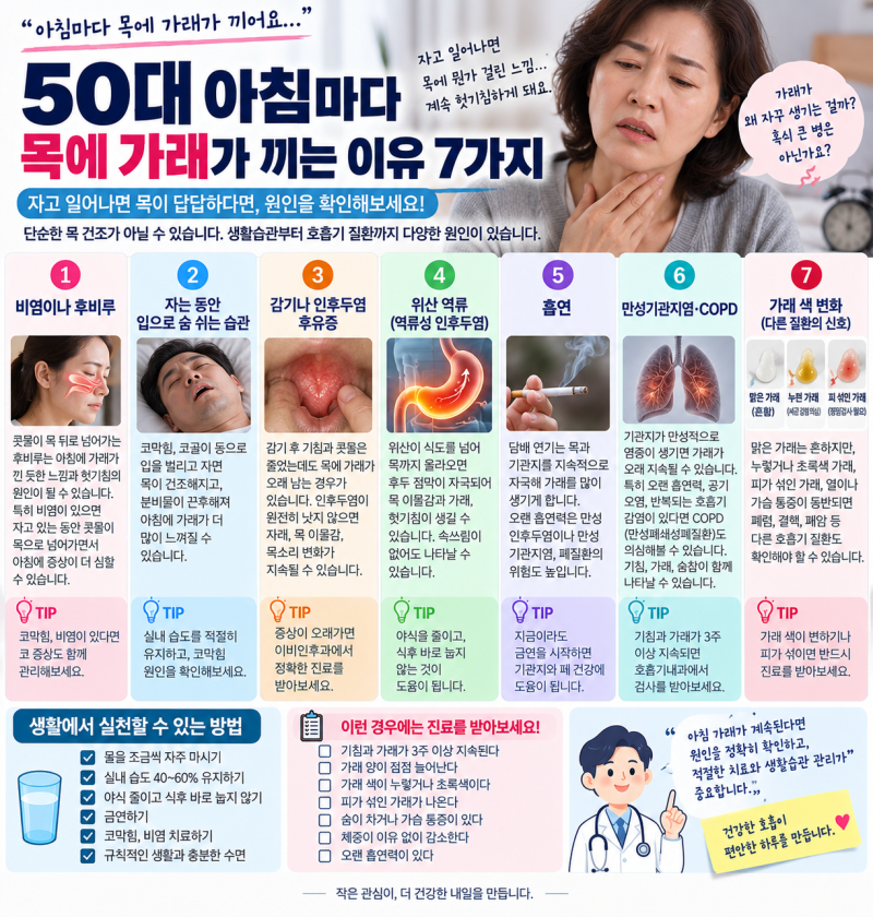 50대 아침마다 목에 가래가 끼는 이유 7가지, 자고 일어나면 목이 답답하다면 확인하세요